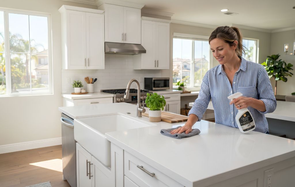 A person is cleaning a white kitchen countertop lakewood ca with a spray bottle and a cloth.